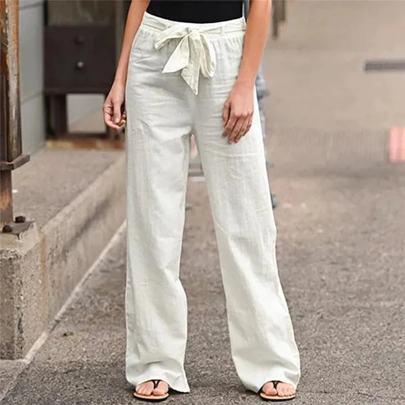 Lace-Up Cotton-Linen Wide-Leg Pants