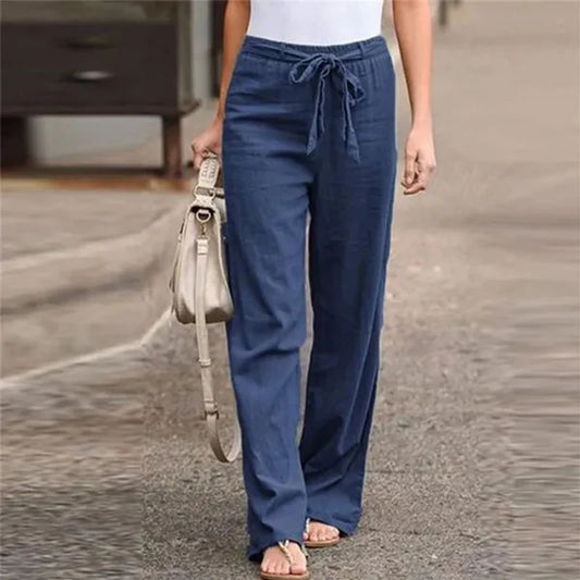 Lace-Up Cotton-Linen Wide-Leg Pants