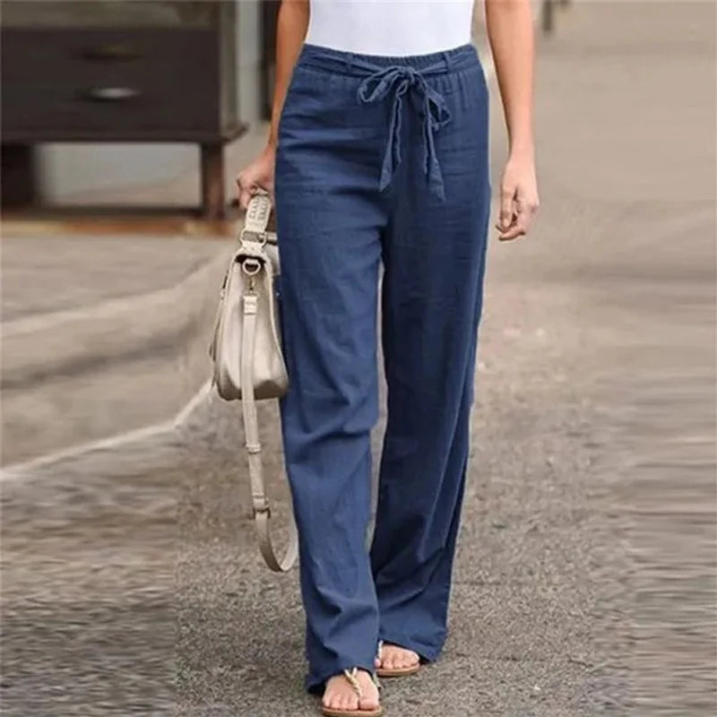 Lace-Up Cotton-Linen Wide-Leg Pants