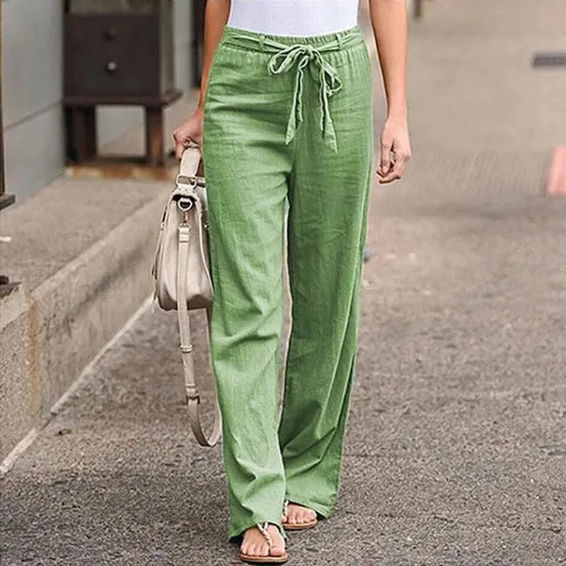 Lace-Up Cotton-Linen Wide-Leg Pants