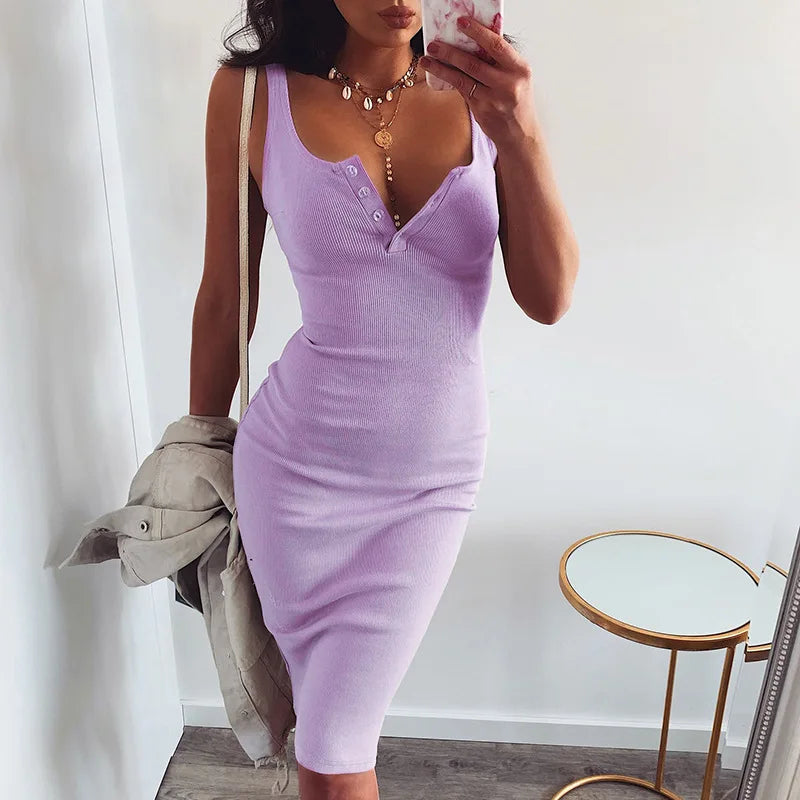 Button V-Neck Midi Dress