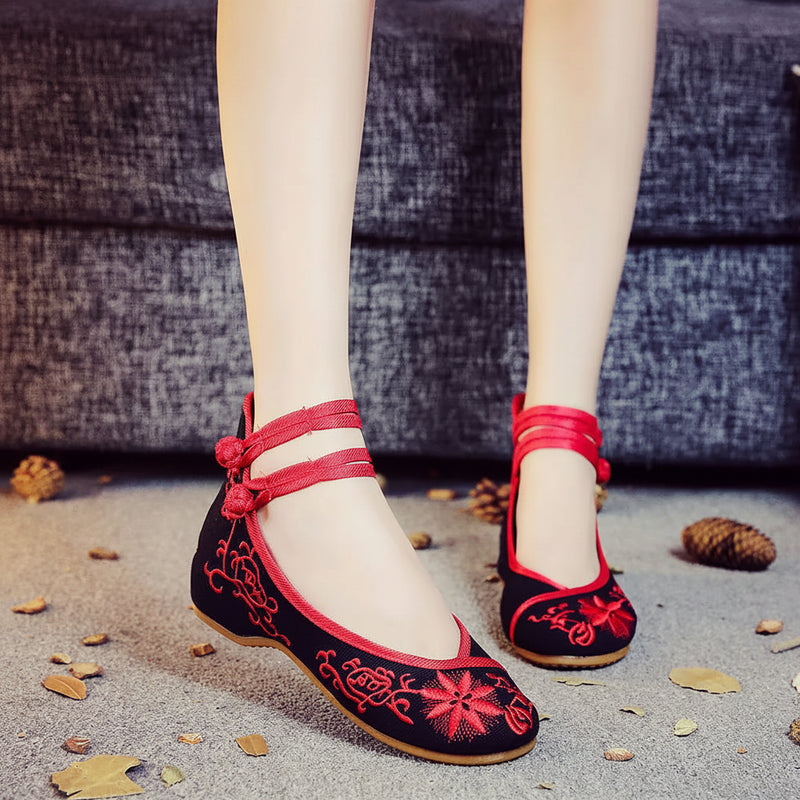 Veowalk Sunflower Embroidered Women Canvas Ballet Flats Ankle Strap Ladies Casual Cotton Chinese Embroidery Ballerina Shoes