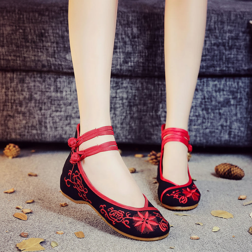Veowalk Sunflower Embroidered Women Canvas Ballet Flats Ankle Strap Ladies Casual Cotton Chinese Embroidery Ballerina Shoes