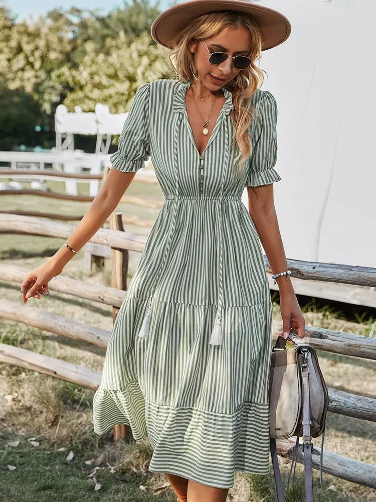 Striped Lantern Sleeve Midi Dress