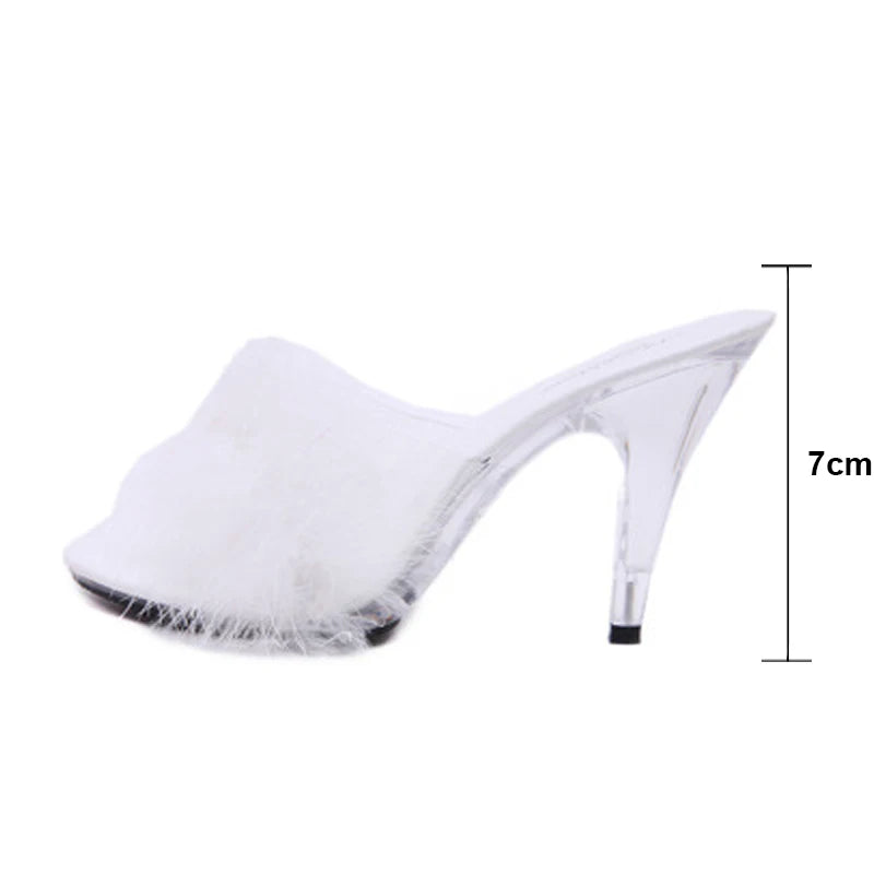 Sexy 7CM 10CM Feather Party High Heels Shoes Women Summer Fur Transparent Slippers Plus Size 34-45 Ladies Sandals WS0019