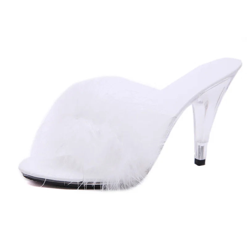 Sexy 7CM 10CM Feather Party High Heels Shoes Women Summer Fur Transparent Slippers Plus Size 34-45 Ladies Sandals WS0019