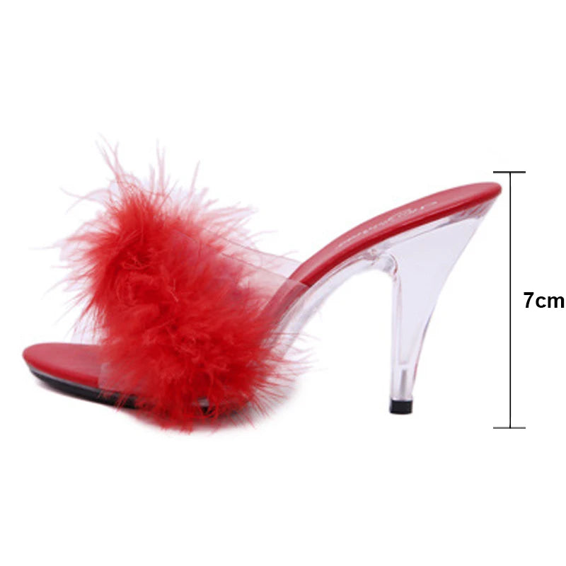 Sexy 7CM 10CM Feather Party High Heels Shoes Women Summer Fur Transparent Slippers Plus Size 34-45 Ladies Sandals WS0019