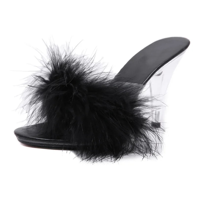 Sexy 7CM 10CM Feather Party High Heels Shoes Women Summer Fur Transparent Slippers Plus Size 34-45 Ladies Sandals WS0019