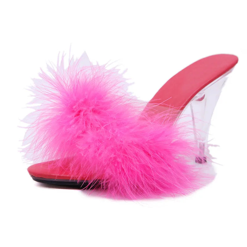 Sexy 7CM 10CM Feather Party High Heels Shoes Women Summer Fur Transparent Slippers Plus Size 34-45 Ladies Sandals WS0019