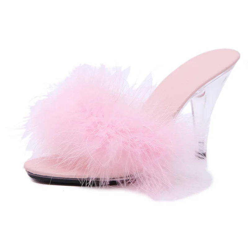 Sexy 7CM 10CM Feather Party High Heels Shoes Women Summer Fur Transparent Slippers Plus Size 34-45 Ladies Sandals WS0019