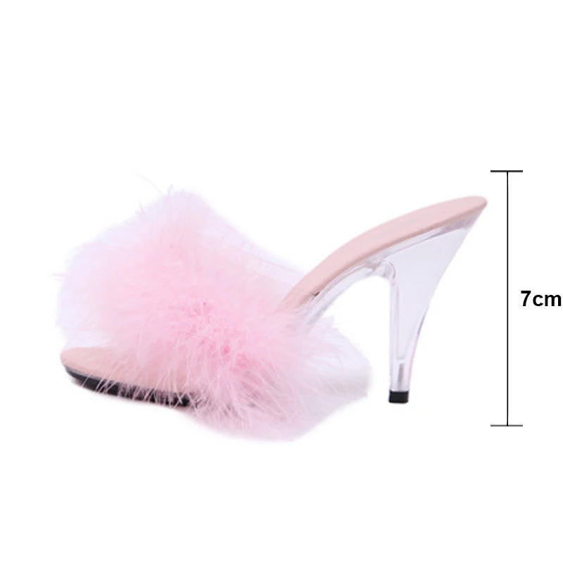 Sexy 7CM 10CM Feather Party High Heels Shoes Women Summer Fur Transparent Slippers Plus Size 34-45 Ladies Sandals WS0019