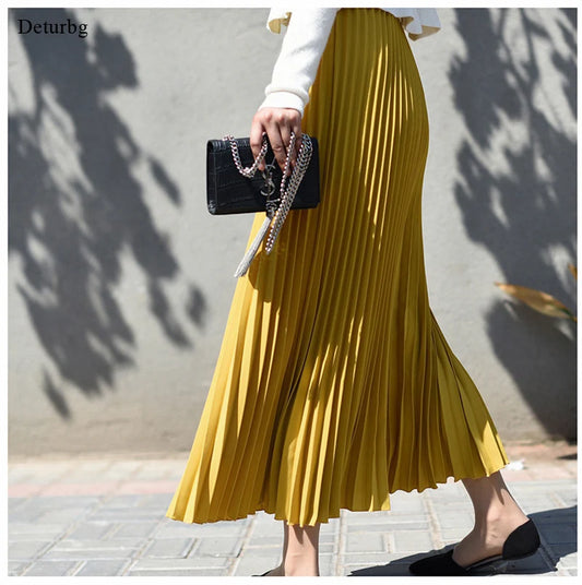 Vintage Pleated Midi Long Skirt For Women Korean Fashion Casual High Waist Chiffon Skirts Jupe Faldas 18 Color Spring Autumn