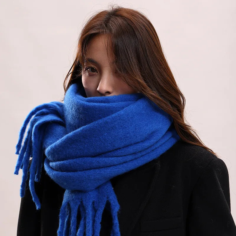 1PC New Soft Winter Scarf Solid Color Warm Long Tassel Scarves Mohair Thickened Wrap Shawls For Women Girls