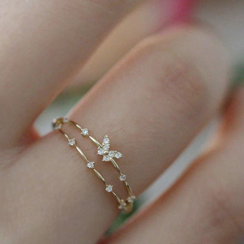 ANENJERY Silver Color Zircon Butterfly Double Layer Adjustable Ring For Women Light Luxury Shiny Accessories Girl Gift
