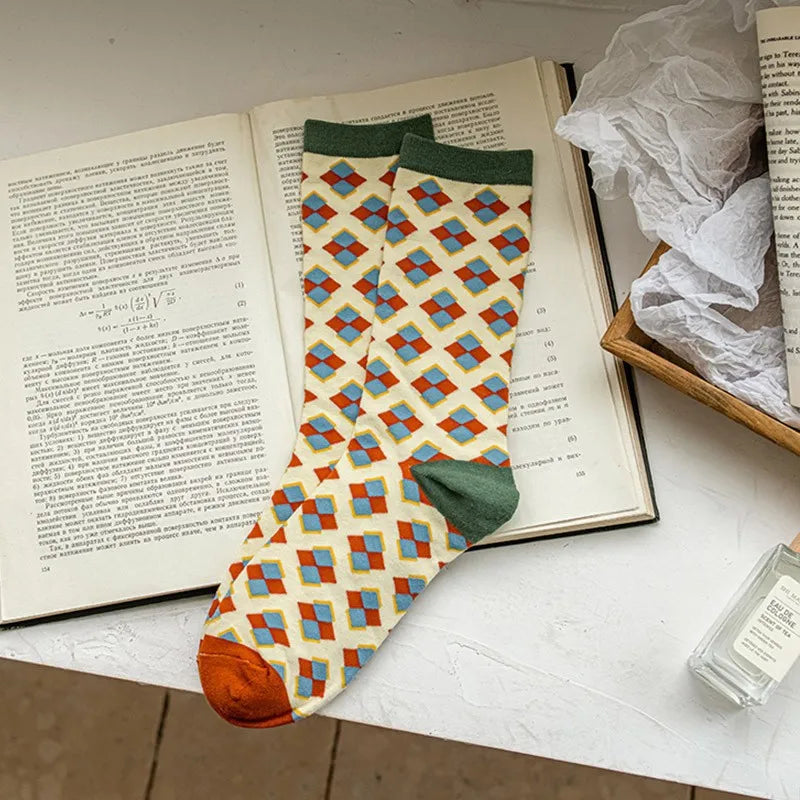 Women's Cute Colored Long Socks - Diamond, Fruit, and Flower Pattern Socks
