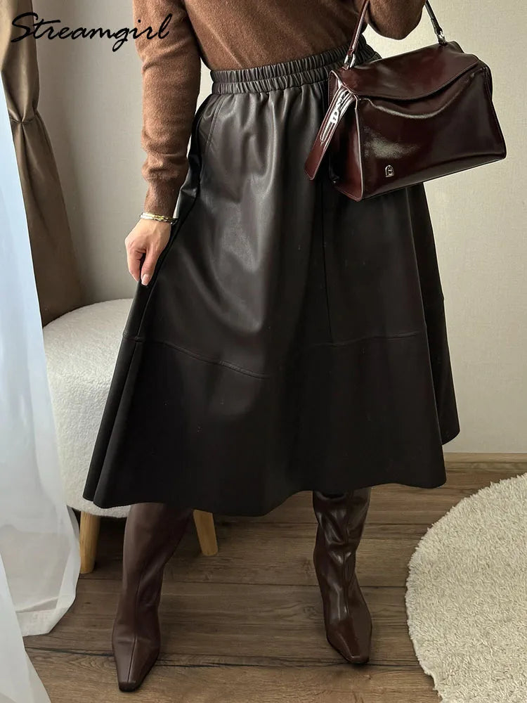 Midi Brown Leather Skirts For Women Autumn Winter Elastic Waist A Line Big Swing Black Long Skirts Women Leather With Pockets