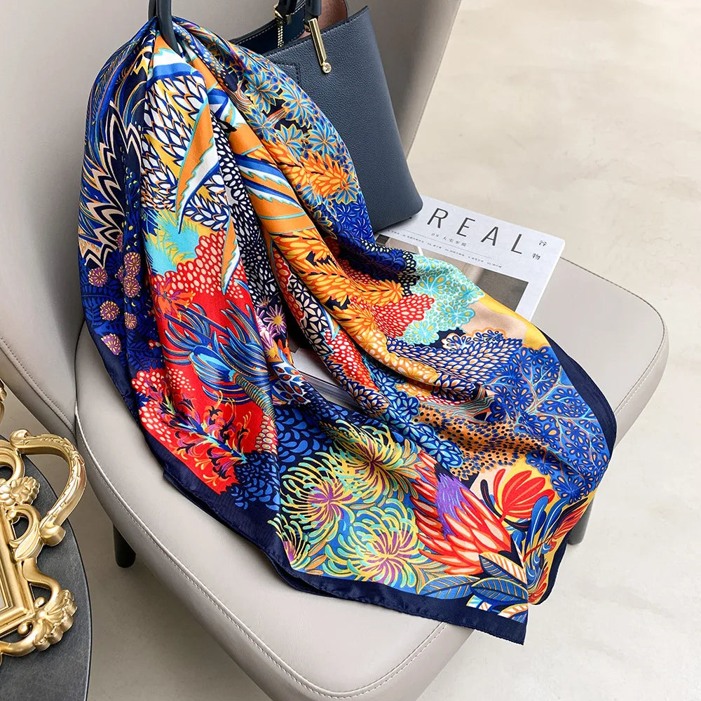 90*90cm Women Scarf Silk Feeling Hair Neck Square Brand Office bandanna muffler Waiter Flight Attendants Handkerchief Rings wrap