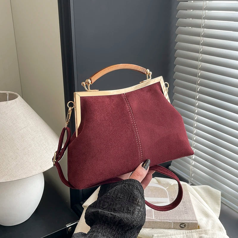 Suede Wooden Handle Handbag
