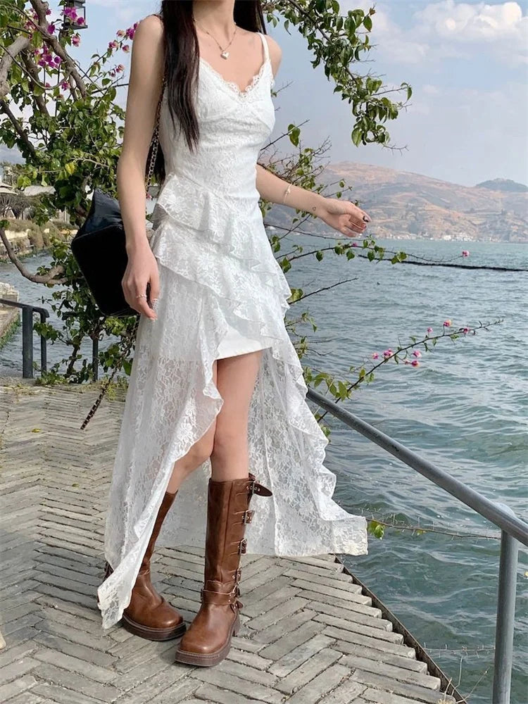 Ruffled White Lace Dress