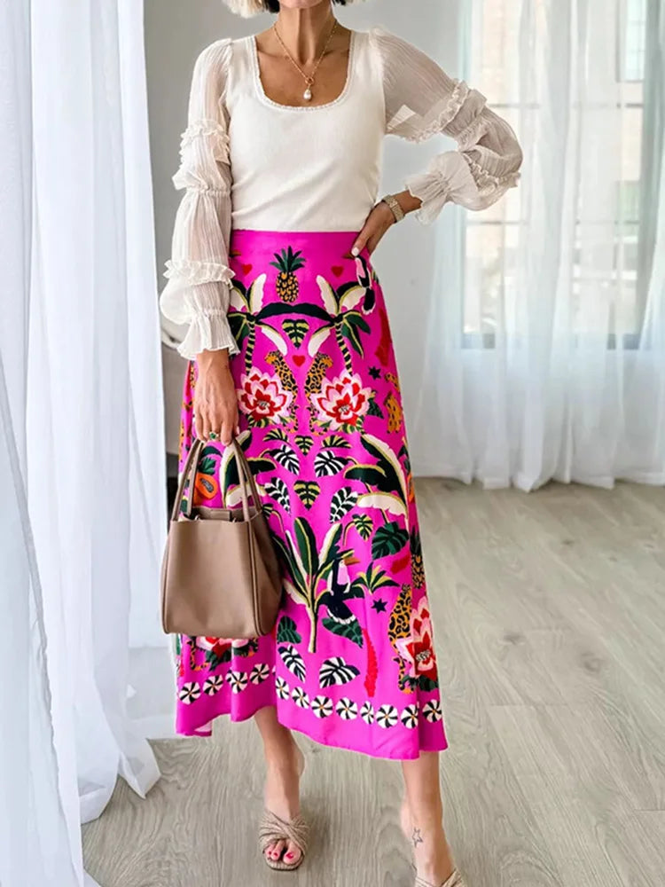 Women Summer Autumn Fashion Printed A-line Skirt Elegent Female Plants and flowers printed zipper Skirts