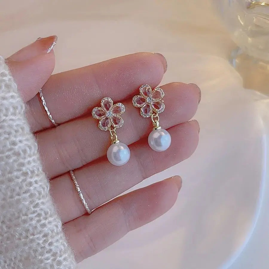 Rhinestone Flower Pearl Studs