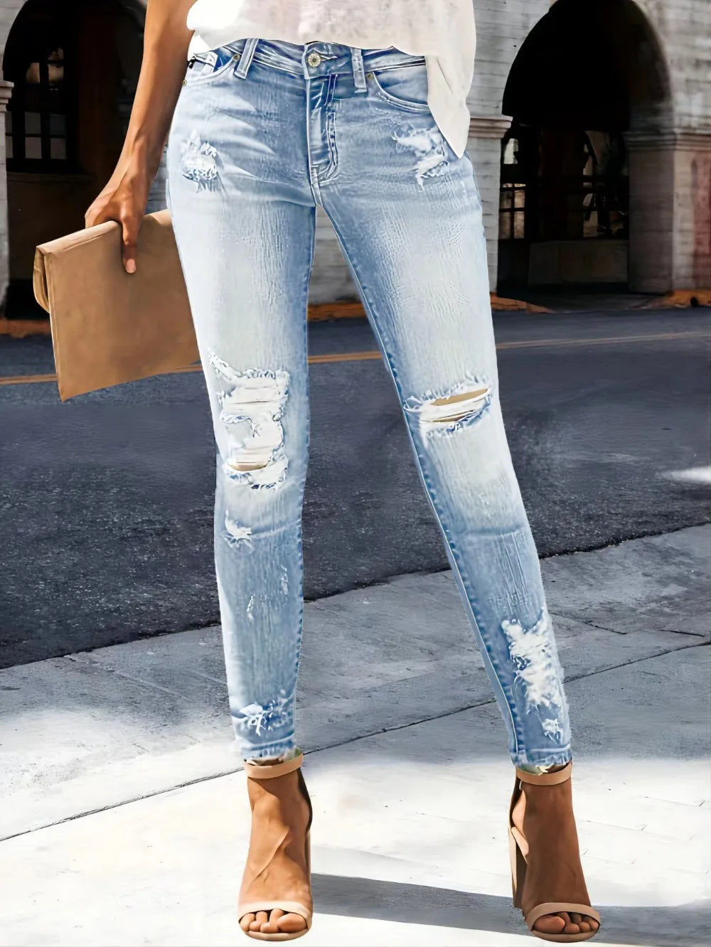 Distressed High-Stretch Straight Jeans
