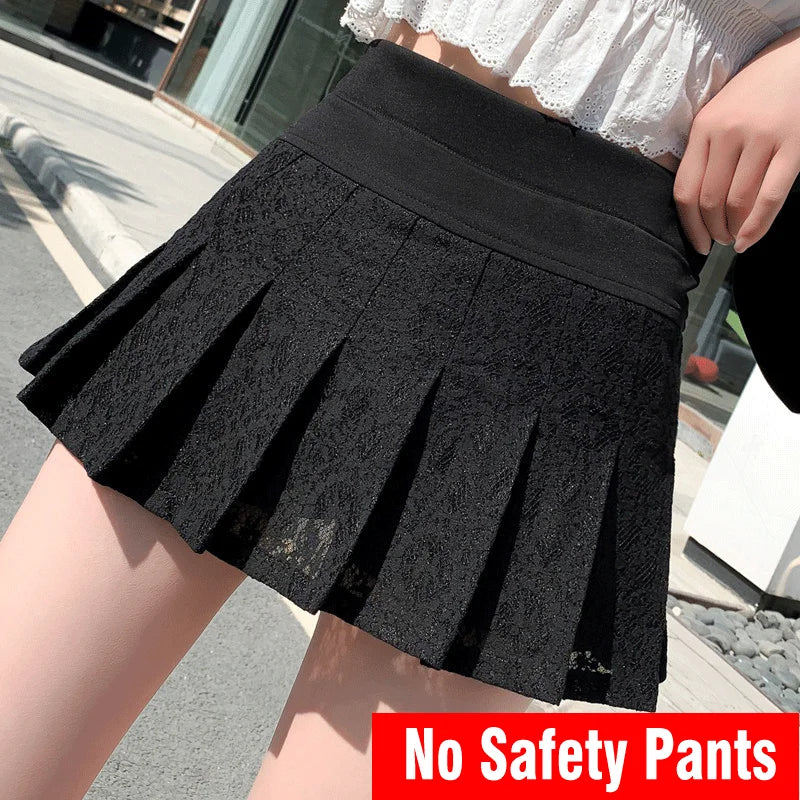 2023 Summer New Style Miniskirt Women High Waist Lace Black White Sweet and Cute Student Skirt Fashion Pleated Skirt