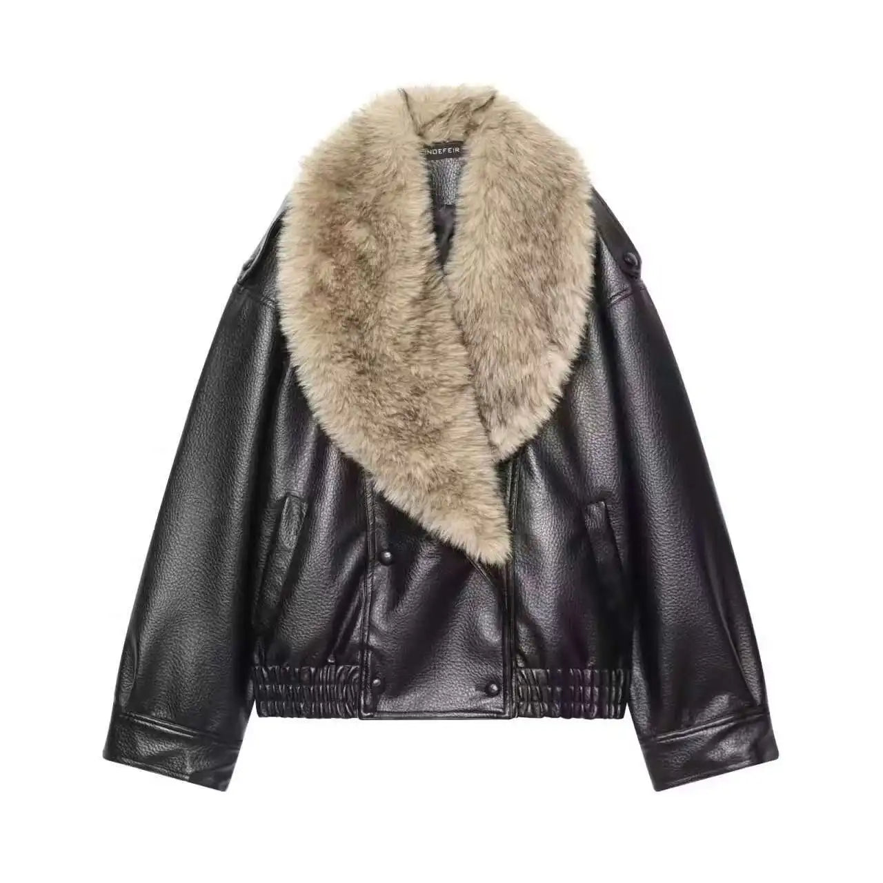 Double-Breasted Fur-Collar Faux-Leather Jacket