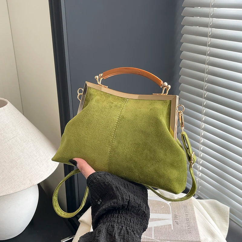 Suede Wooden Handle Handbag