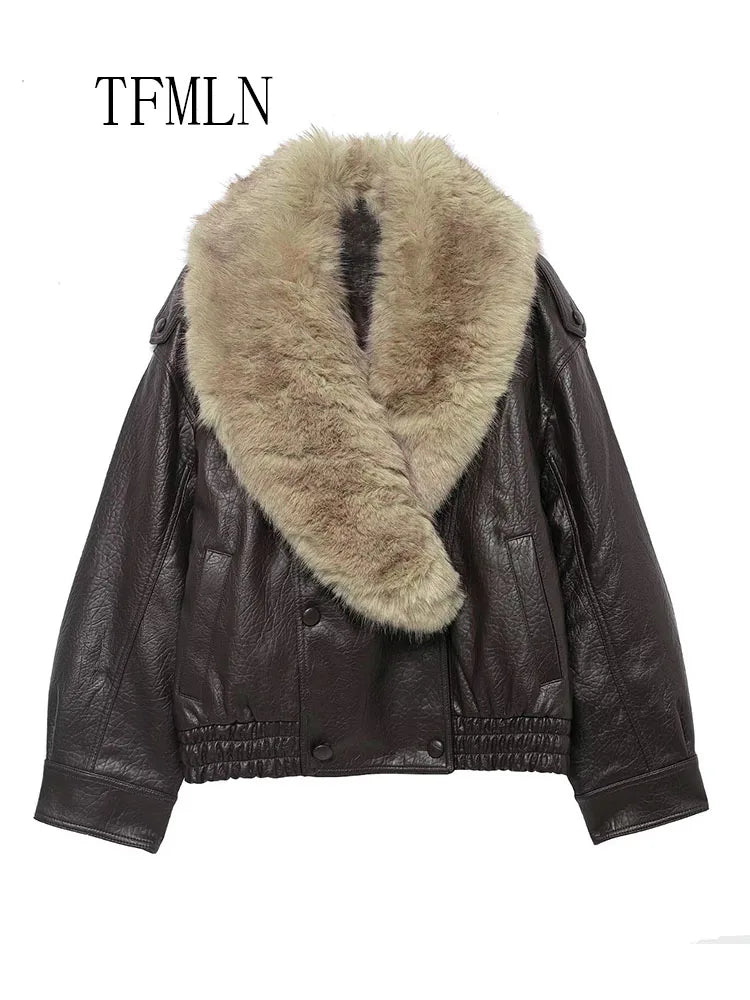Double-Breasted Fur-Collar Faux-Leather Jacket