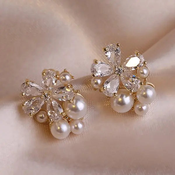 Rhinestone Flower Pearl Studs