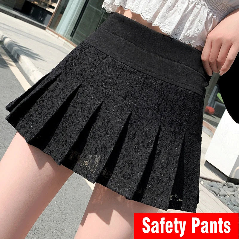 2023 Summer New Style Miniskirt Women High Waist Lace Black White Sweet and Cute Student Skirt Fashion Pleated Skirt