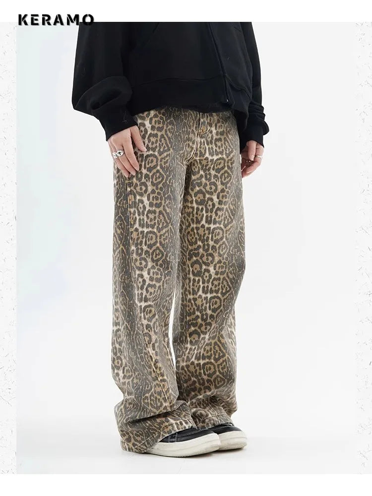Leopard Print Wide-Leg Jeans