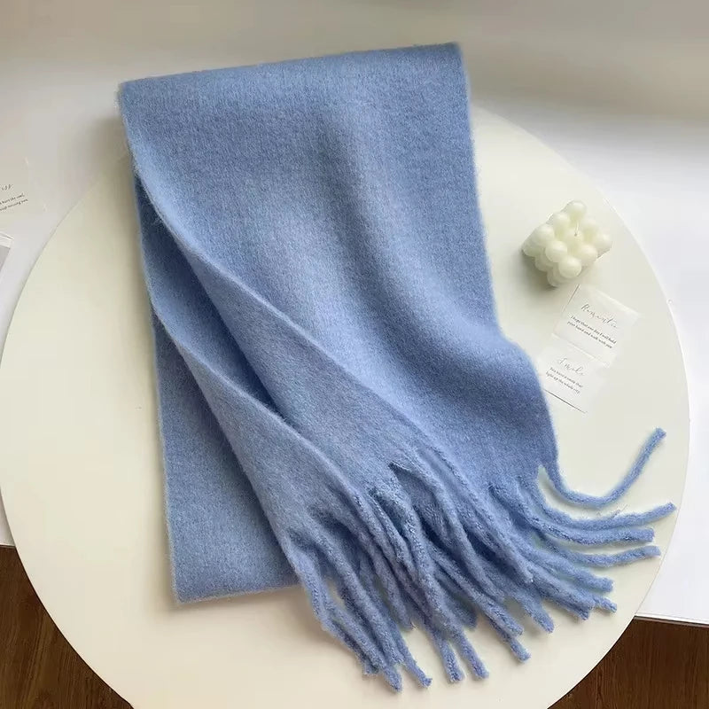 1PC New Soft Winter Scarf Solid Color Warm Long Tassel Scarves Mohair Thickened Wrap Shawls For Women Girls