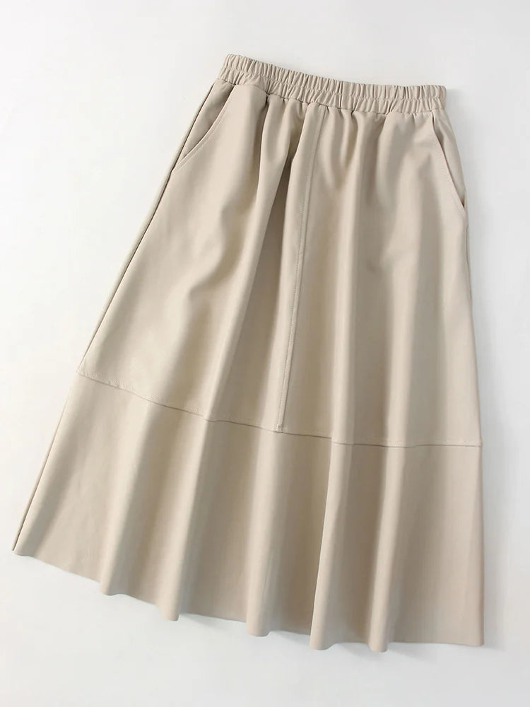 Midi Brown Leather Skirts For Women Autumn Winter Elastic Waist A Line Big Swing Black Long Skirts Women Leather With Pockets