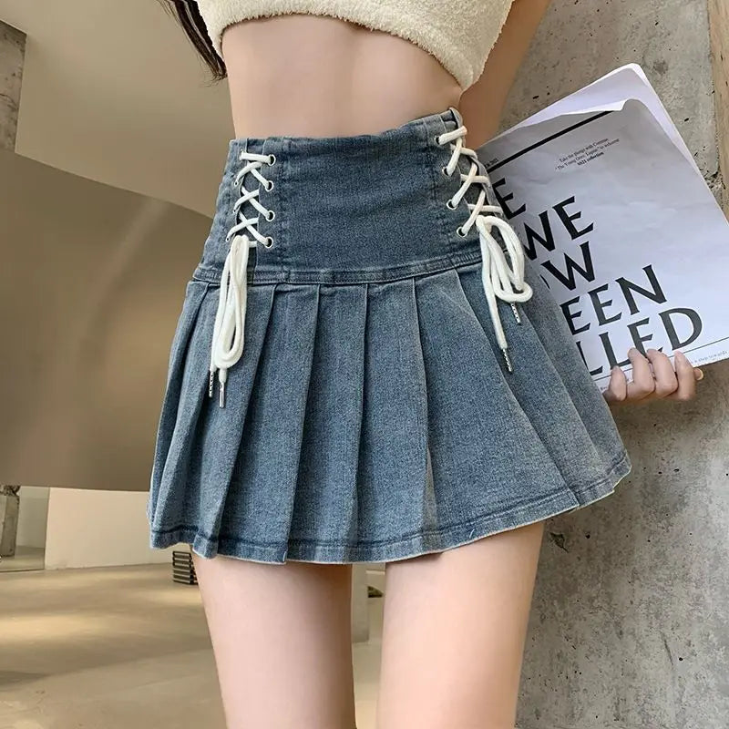 Denim Pleated Skirts Women Cute Lace-up Chic Girlish Summer Mini Skirt Korean Style Fashion Sexy High Waist Streetwear College