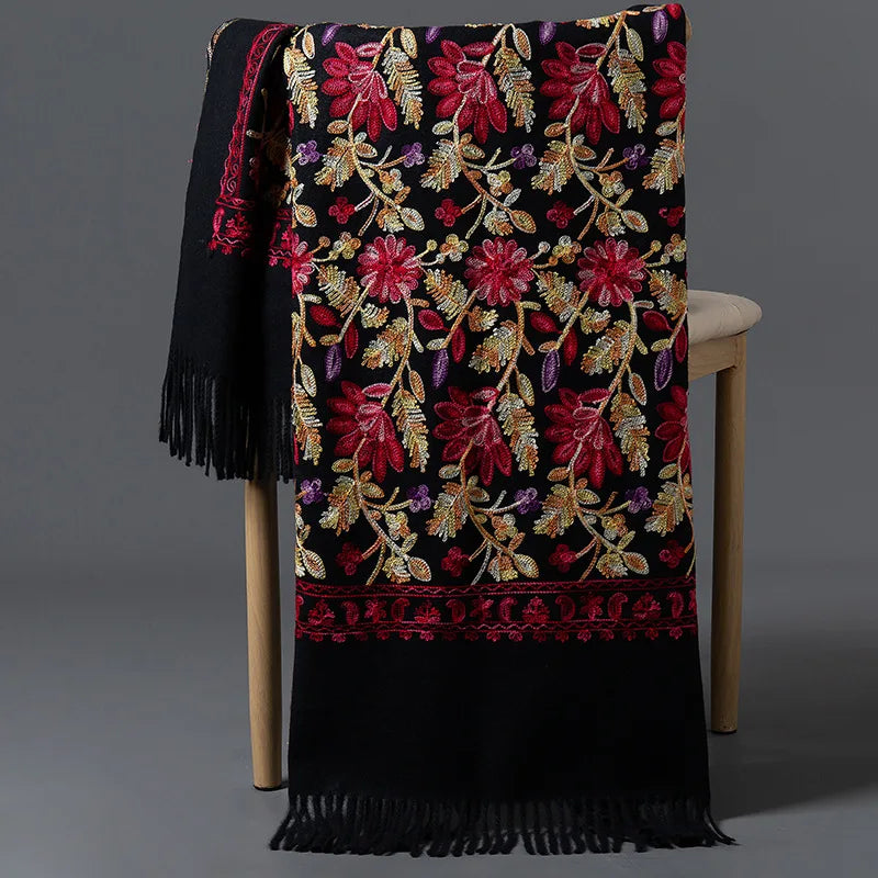 Luxury Women Floral Embroidery Cashmere Scarf Winter Warm Shawl Soft Thick Pashmina Foulard Female Tassel Blanket Scarves Wraps