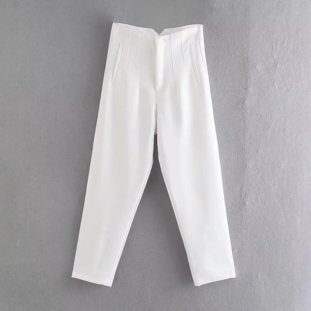 High-Waist Zipper Straight Trousers