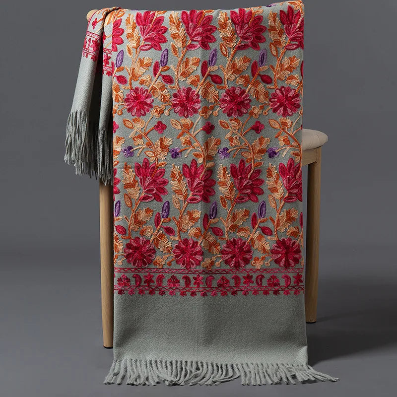 Luxury Women Floral Embroidery Cashmere Scarf Winter Warm Shawl Soft Thick Pashmina Foulard Female Tassel Blanket Scarves Wraps