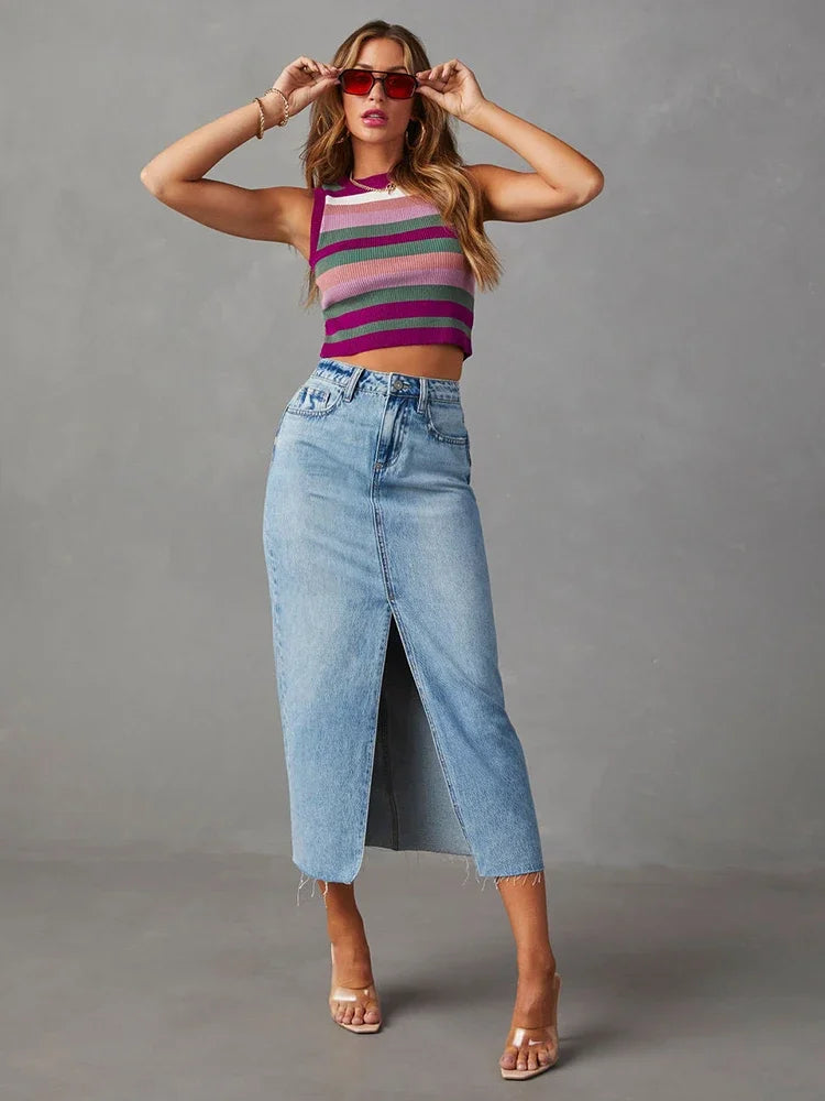 Washed Denim Fashion Skirts Woman High Waist A Line Split Midi Faldas Female 2024 Winter Streetwear Vintage Ladies Long Skirt