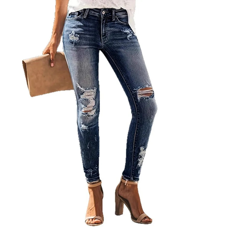 Distressed High-Stretch Straight Jeans