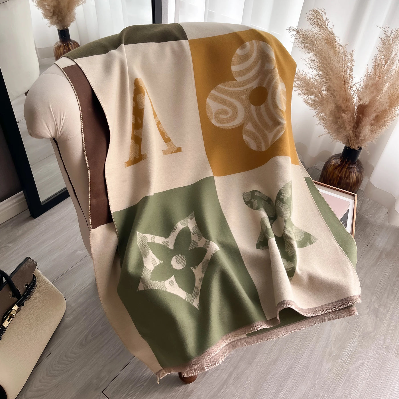 Fresh Floral Print Scarf Imitation Cashmere Shawl Short Beard Soft Comfortable Wrap Shawl Autumn Winter Elegant Warm Scarf