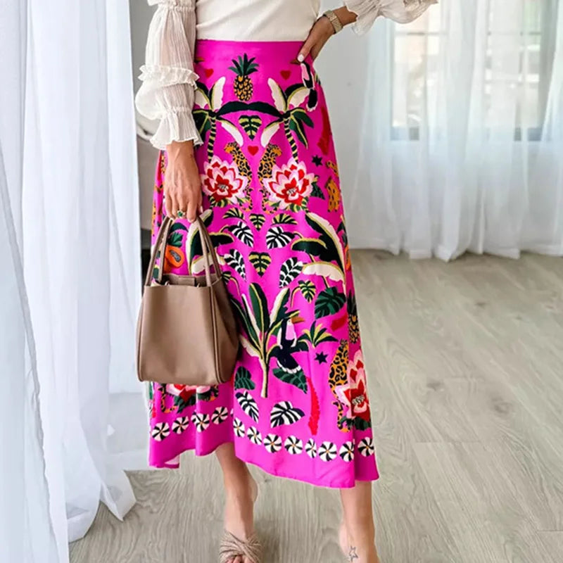 Women Summer Autumn Fashion Printed A-line Skirt Elegent Female Plants and flowers printed zipper Skirts