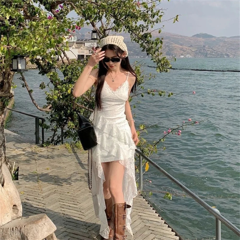 Ruffled White Lace Dress