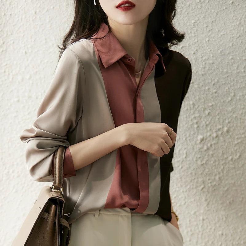 2025 Women Satin Button Blouse Autumn New Vintage Long Sleeve Polo Collar Women Shirt Elegant Loose Tops Clothing 18146