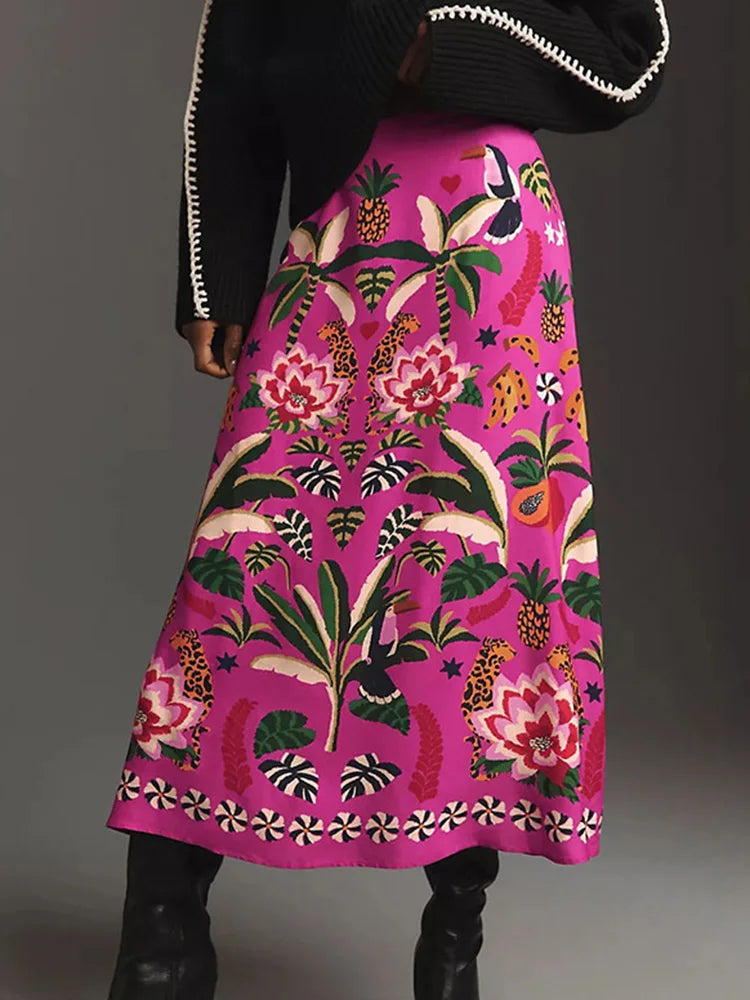 Women Summer Autumn Fashion Printed A-line Skirt Elegent Female Plants and flowers printed zipper Skirts