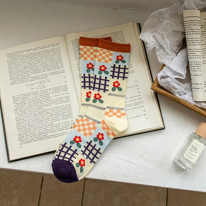 Women's Cute Colored Long Socks - Diamond, Fruit, and Flower Pattern Socks