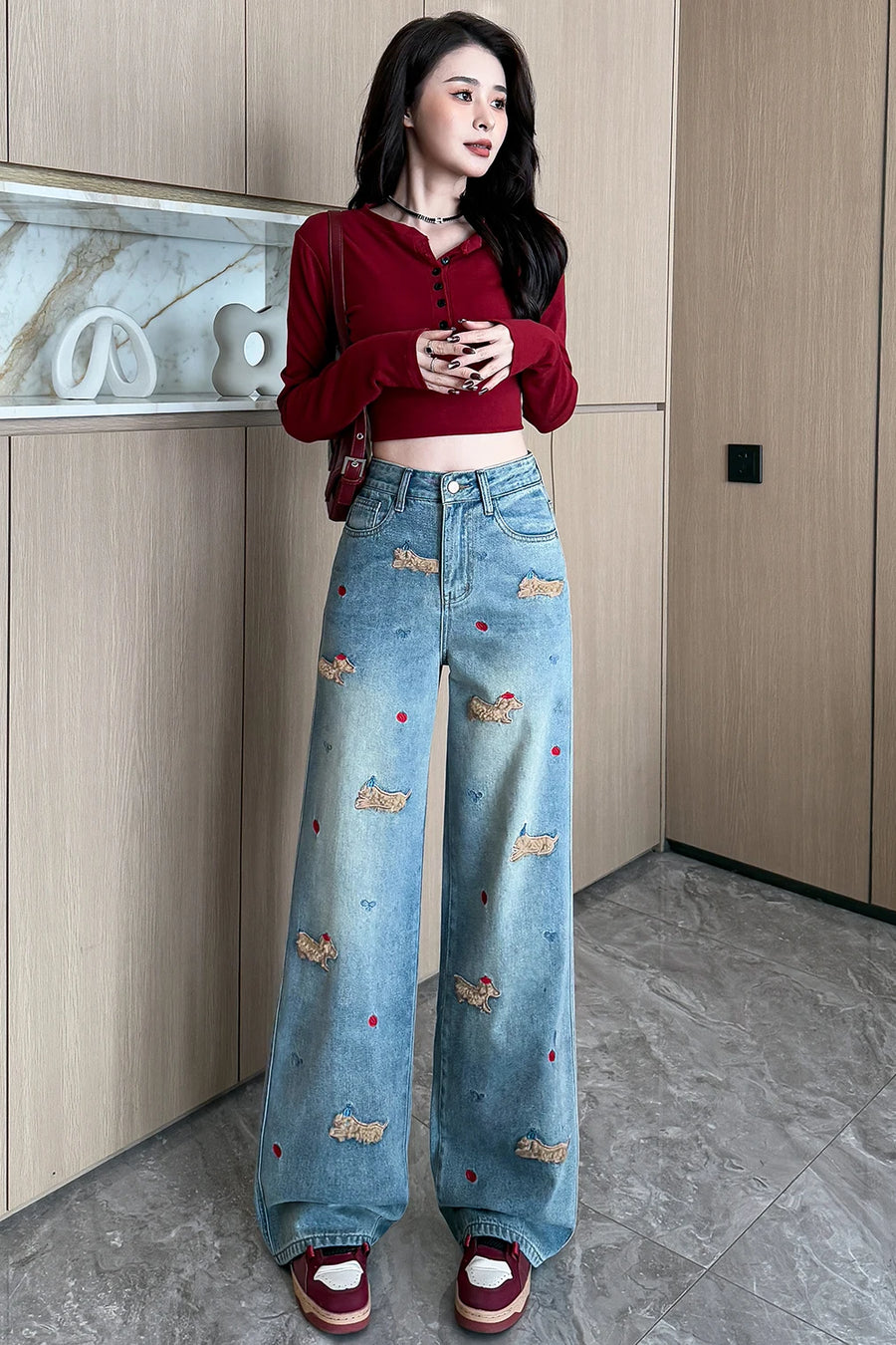 Embroidered Dog Straight-Leg Jeans
