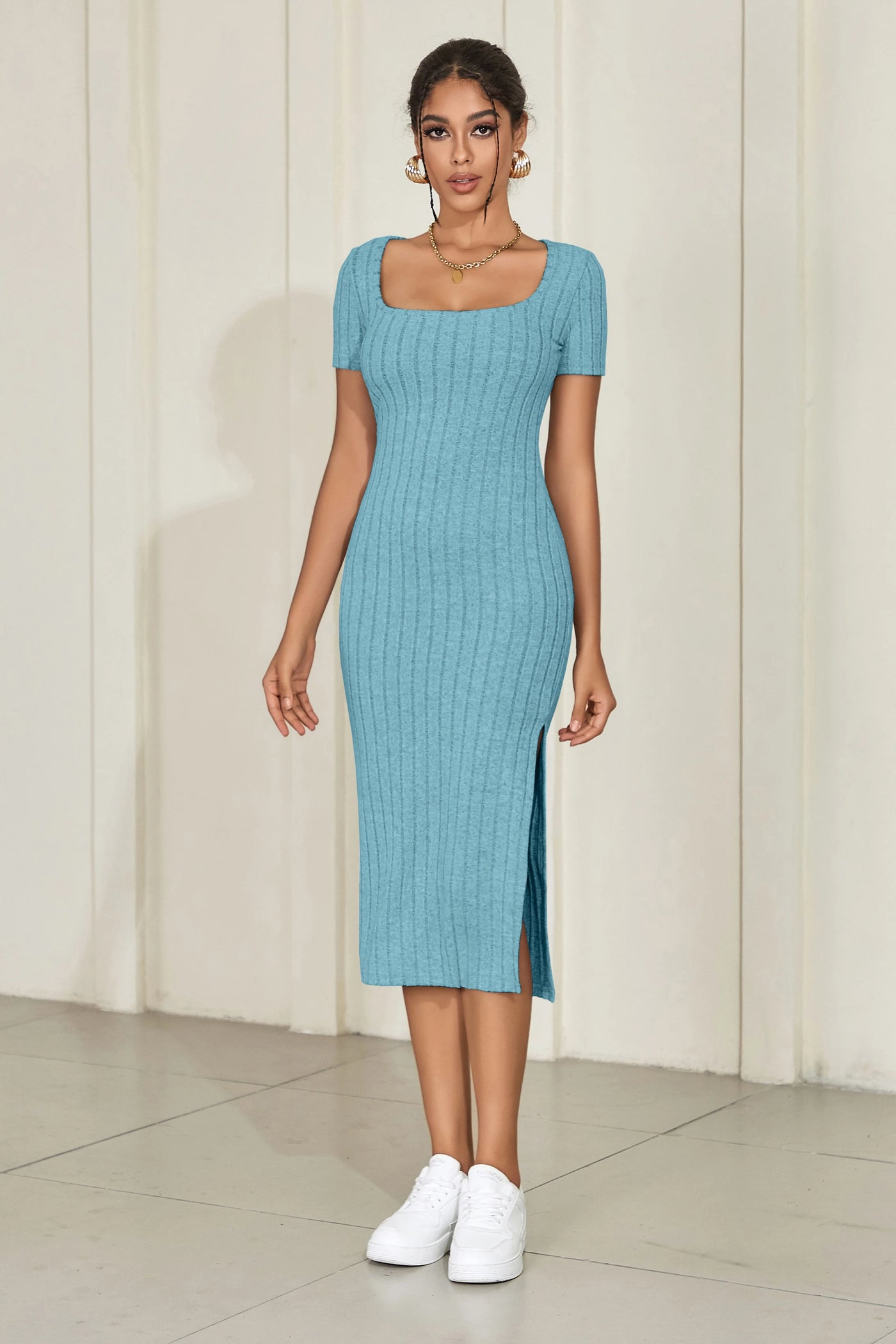 Square Neck Knit Midi Dress