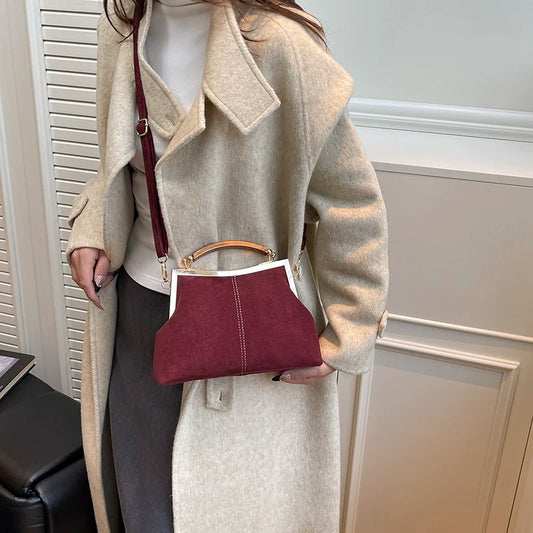 Suede Wooden Handle Handbag